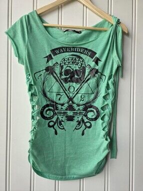 Zaful Waveriders Skull Print Braided Shredded Shirt Green XL